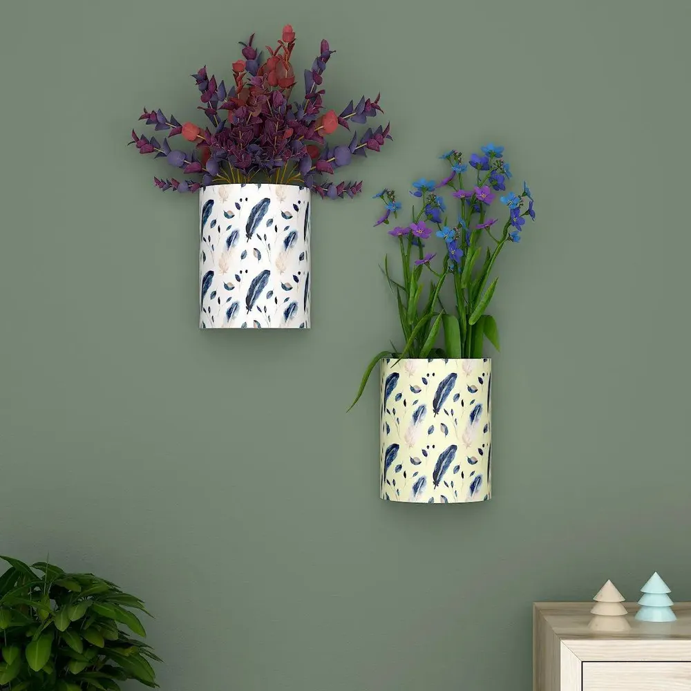 Designer Pair of Wall Vases With Feathers Prints