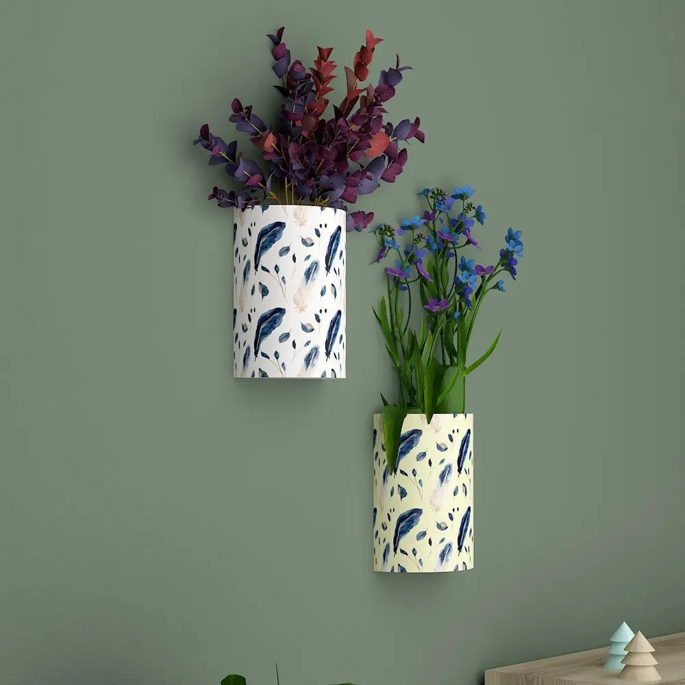 Designer Pair of Wall Vases With Feathers Prints