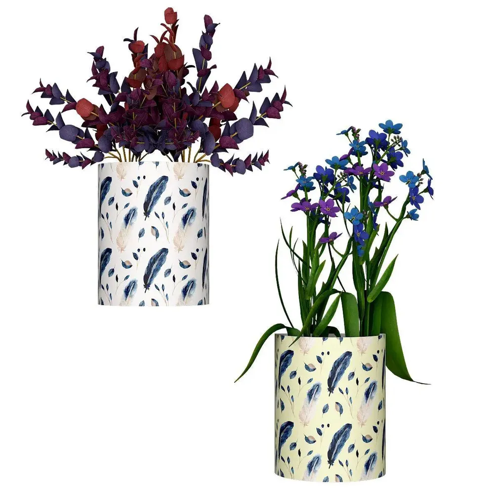 Designer Pair of Wall Vases With Feathers Prints