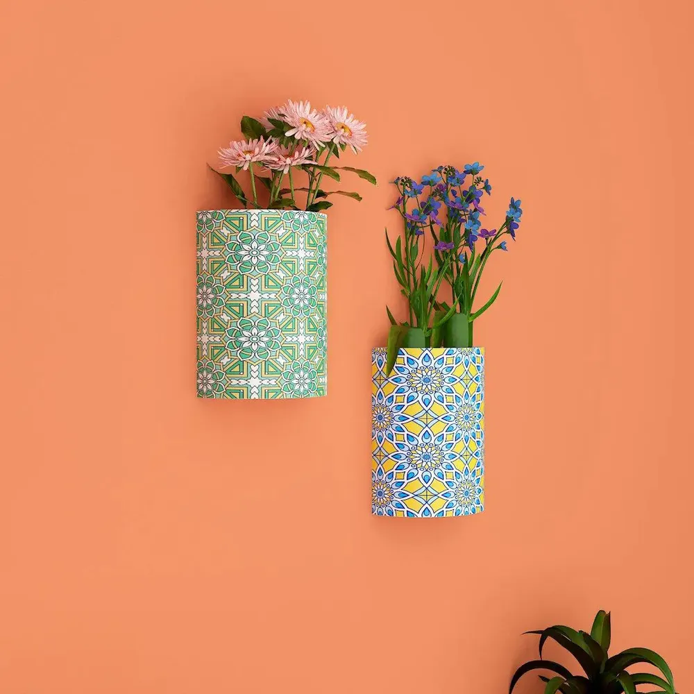 Designer Pair of Wall Vases With Geometric Prints