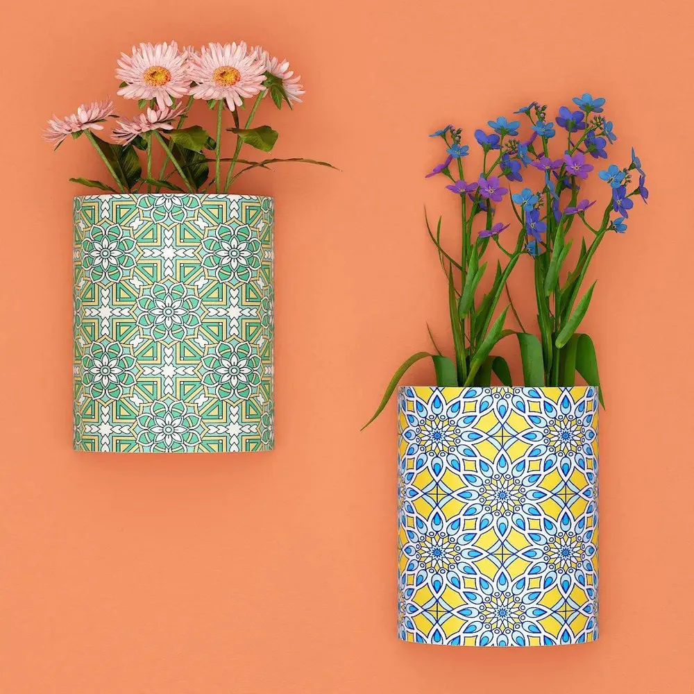 Designer Pair of Wall Vases With Geometric Prints