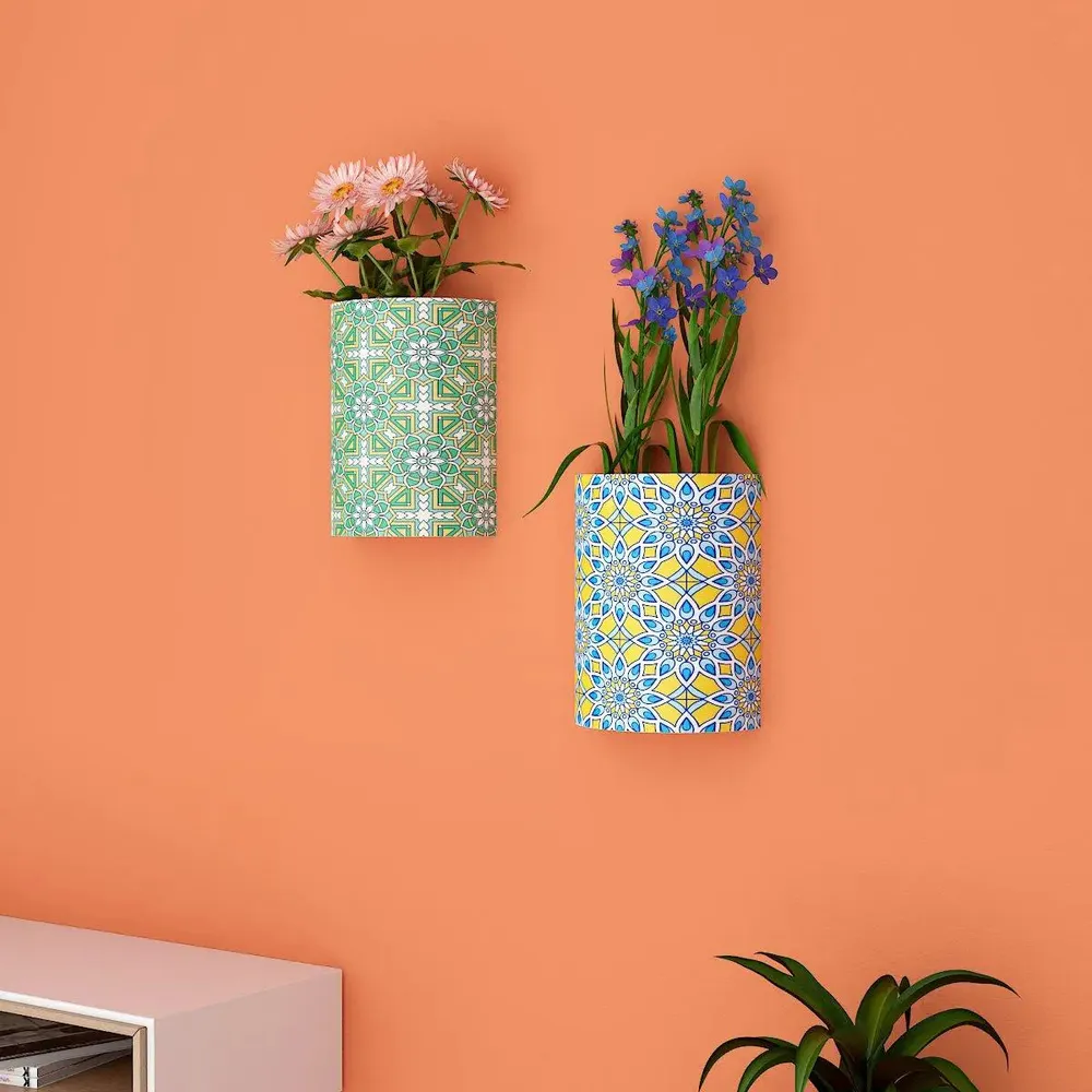 Designer Pair of Wall Vases With Geometric Prints