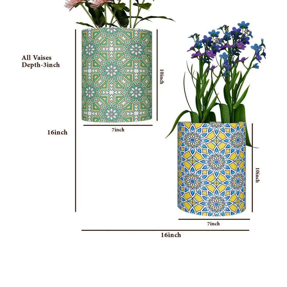 Designer Pair of Wall Vases With Geometric Prints
