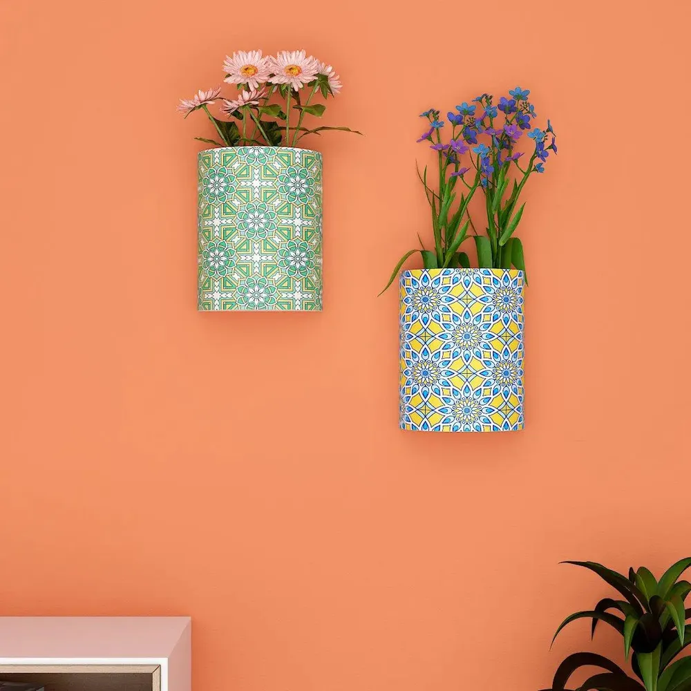 Designer Pair of Wall Vases With Geometric Prints