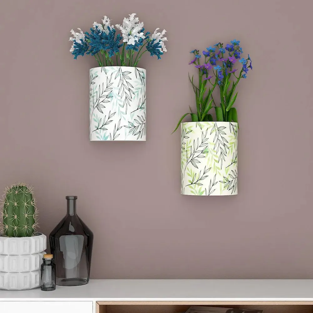 Designer Pair of Wall Vases With Leaf Prints