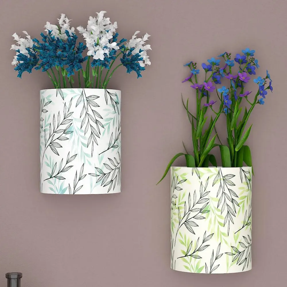 Designer Pair of Wall Vases With Leaf Prints