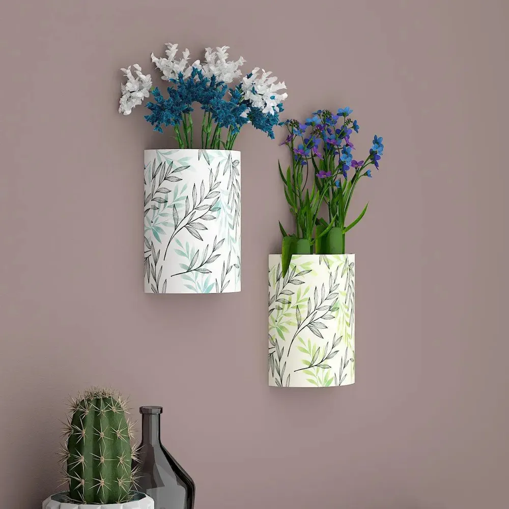Designer Pair of Wall Vases With Leaf Prints