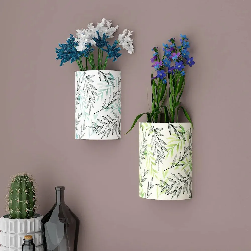 Designer Pair of Wall Vases With Leaf Prints