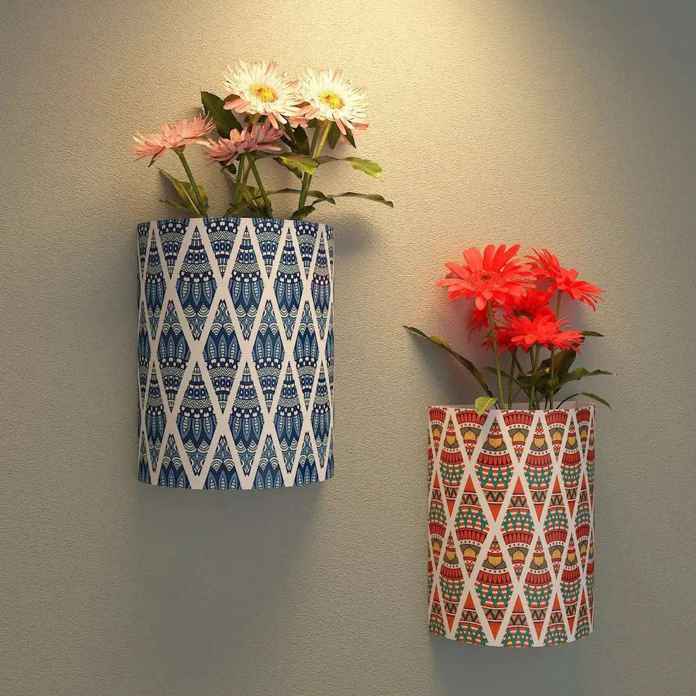 Designer Pair of Wall Vases With Ornamental Prints