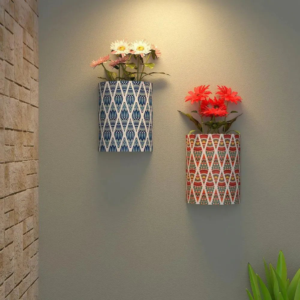 Designer Pair of Wall Vases With Ornamental Prints