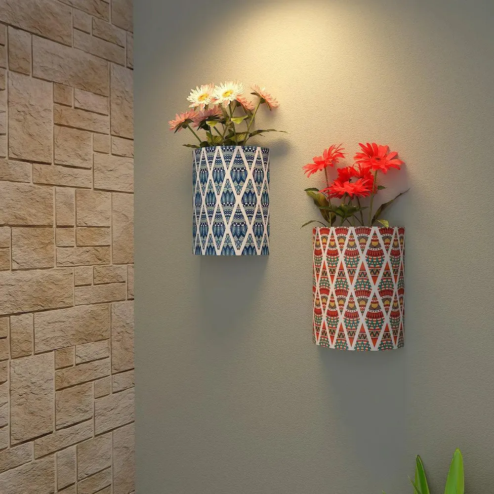 Designer Pair of Wall Vases With Ornamental Prints