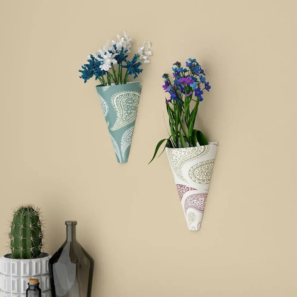 Designer Pair of Wall Vases With Paisley Prints