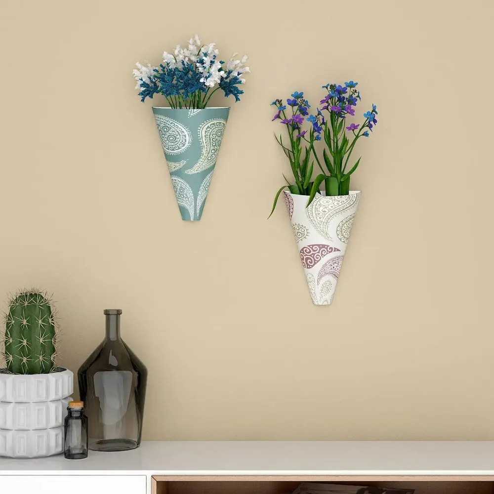 Designer Pair of Wall Vases With Paisley Prints