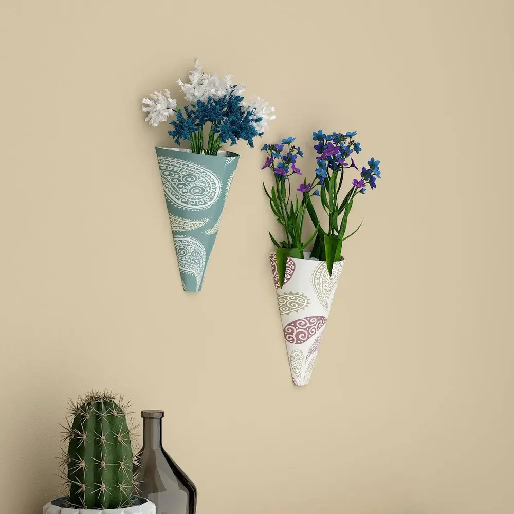 Designer Pair of Wall Vases With Paisley Prints
