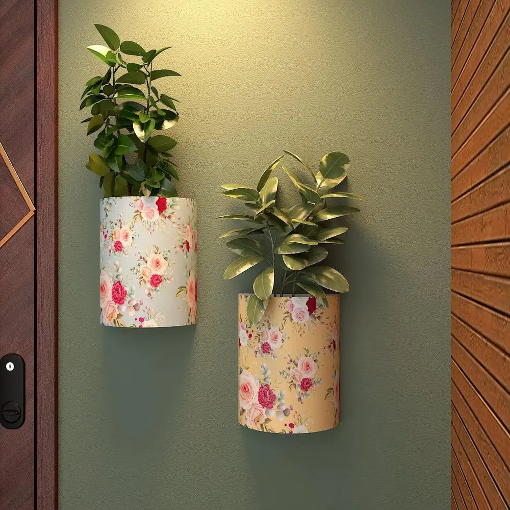 Designer Pair of Wall Vases With Rose Flower Prints