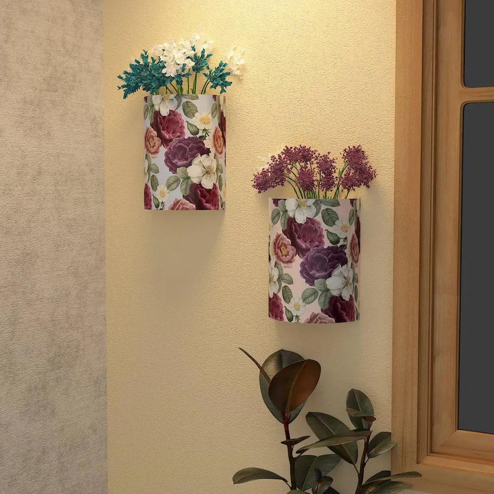 Designer Pair of Wall Vases With Rose Flower Prints