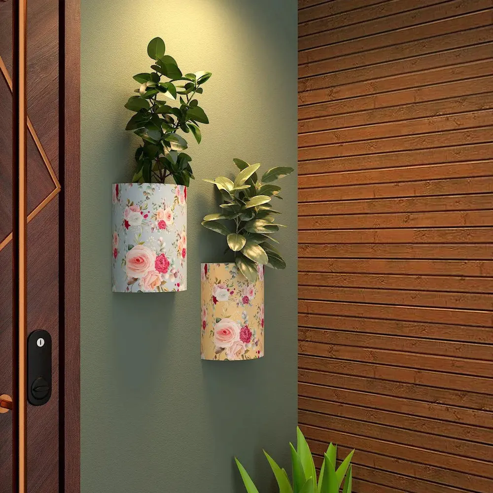Designer Pair of Wall Vases With Rose Flower Prints