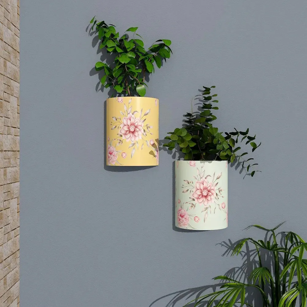 Designer Pair of Wall Vases With Spring Flower Prints