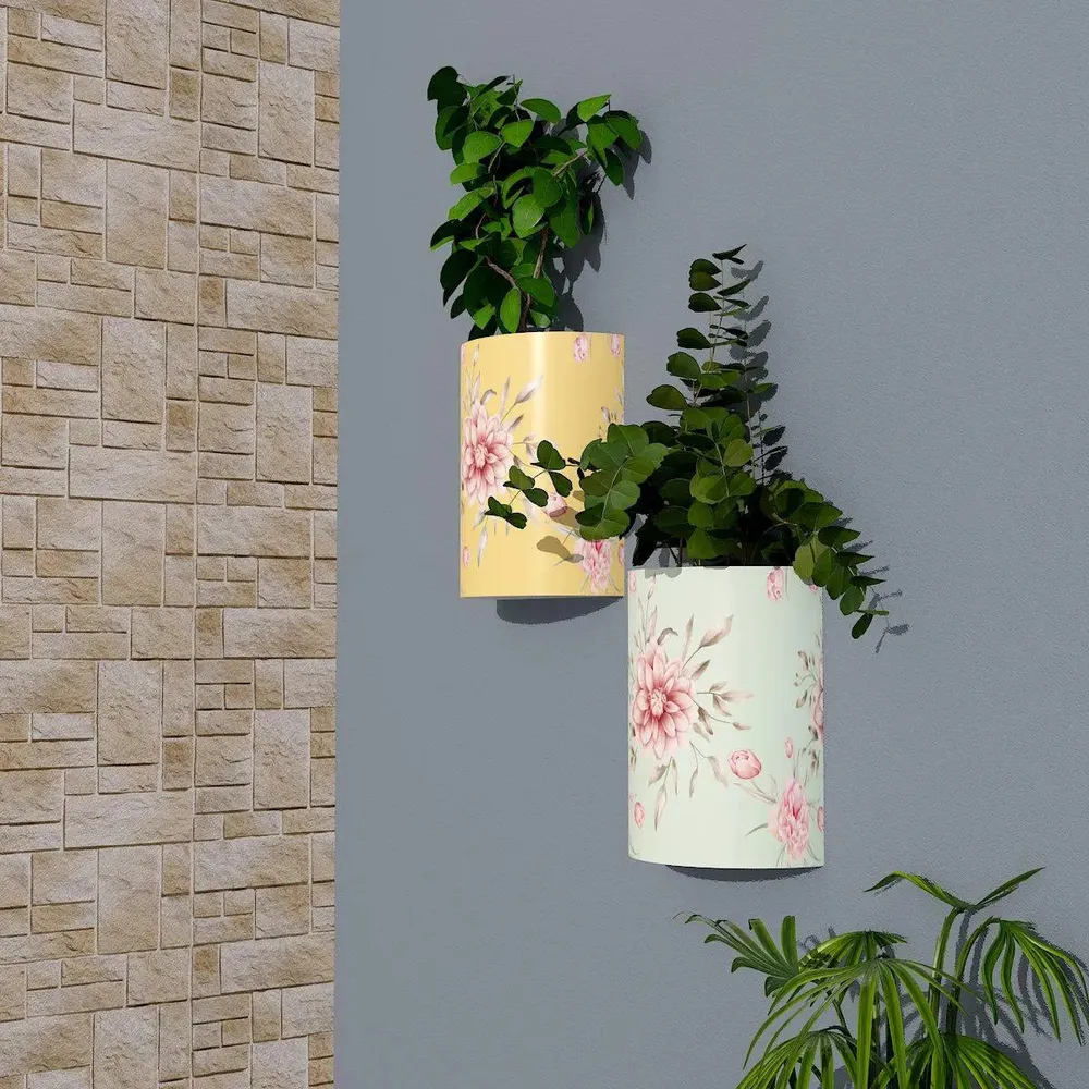Designer Pair of Wall Vases With Spring Flower Prints