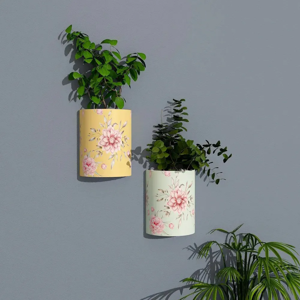 Designer Pair of Wall Vases With Spring Flower Prints
