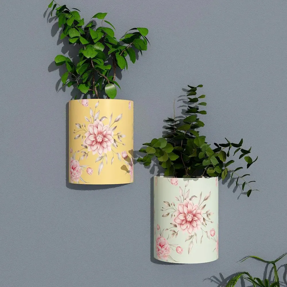 Designer Pair of Wall Vases With Spring Flower Prints