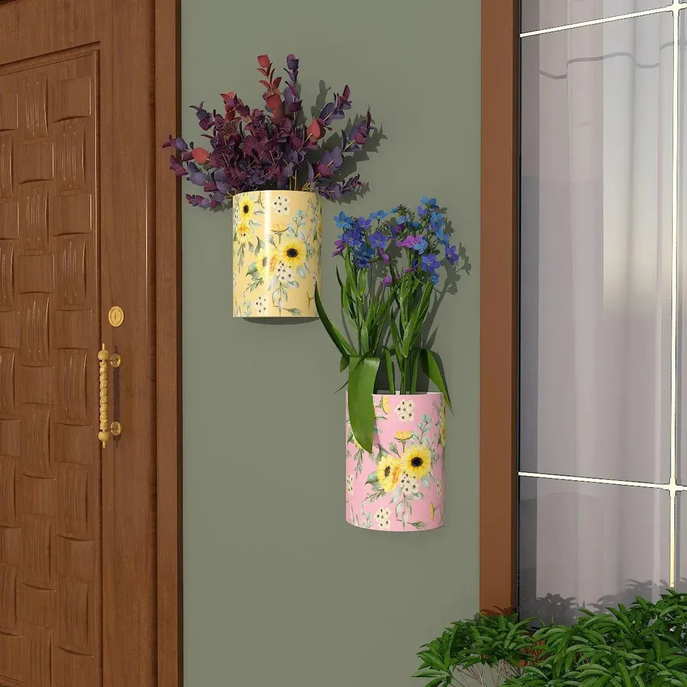 Designer Pair of Wall Vases With Sun Flower Prints