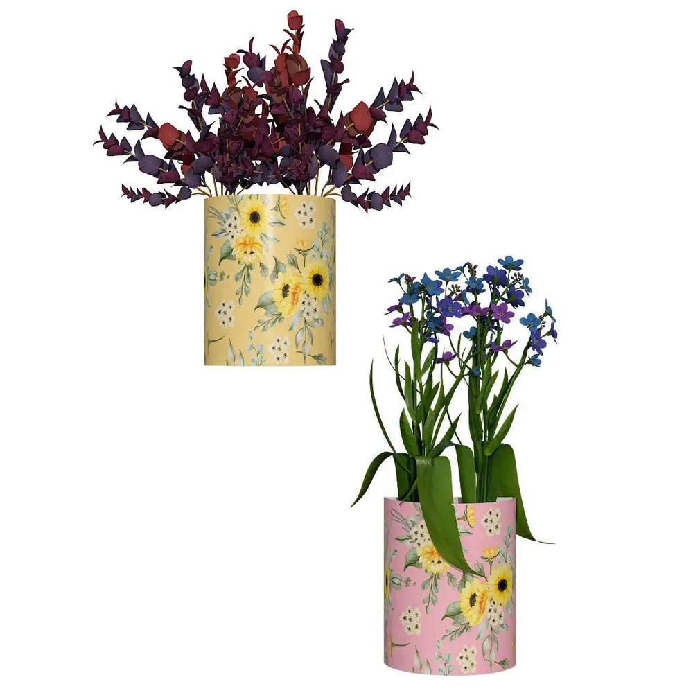 Designer Pair of Wall Vases With Sun Flower Prints