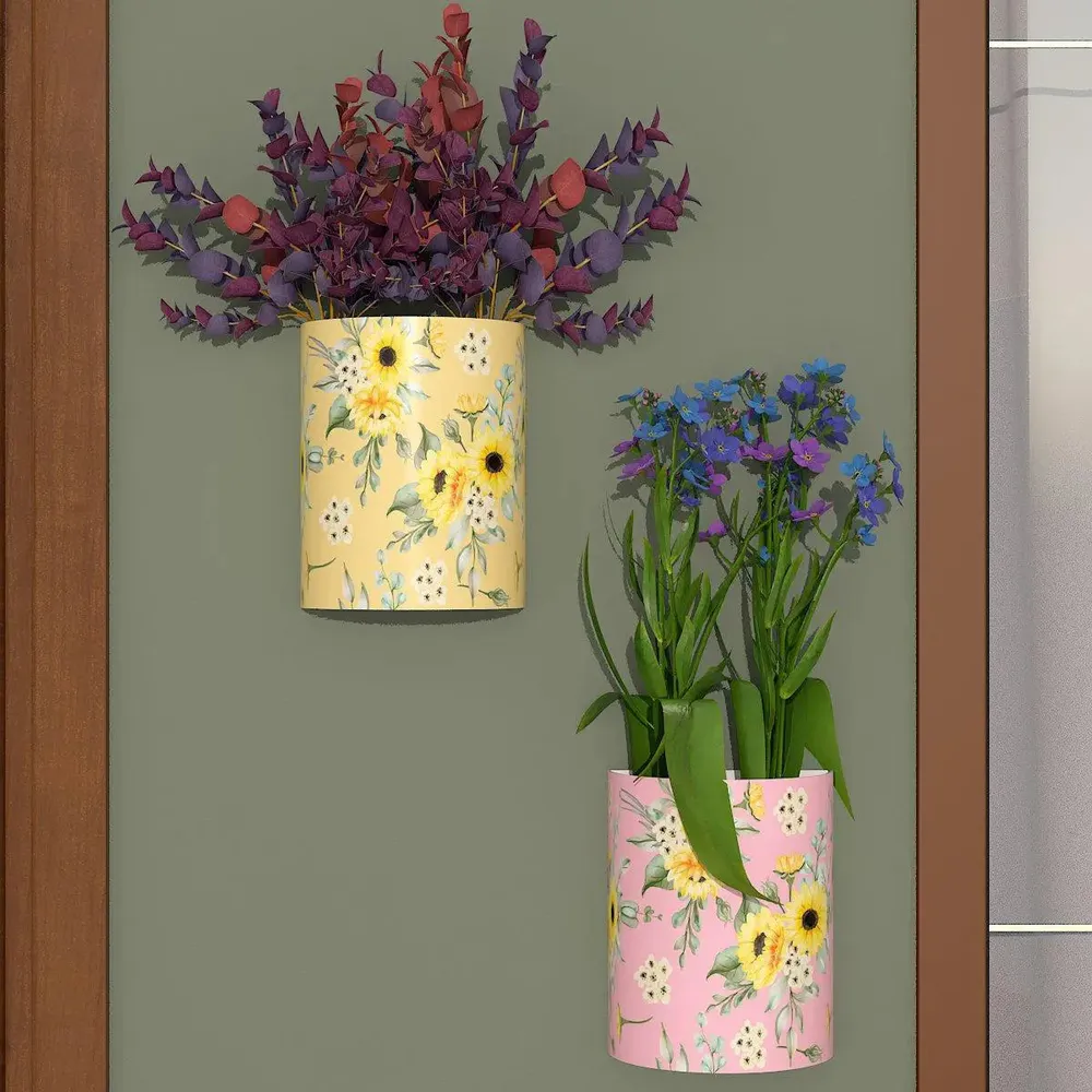 Designer Pair of Wall Vases With Sun Flower Prints