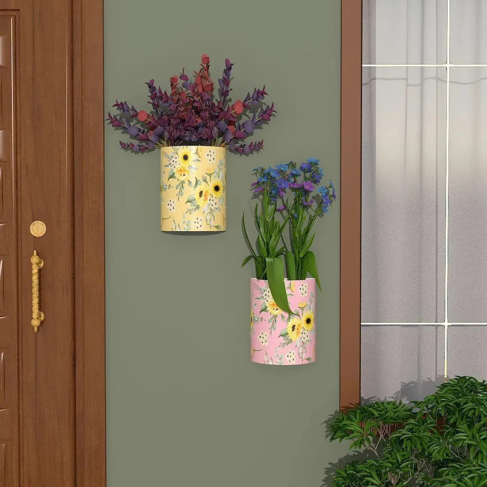 Designer Pair of Wall Vases With Sun Flower Prints