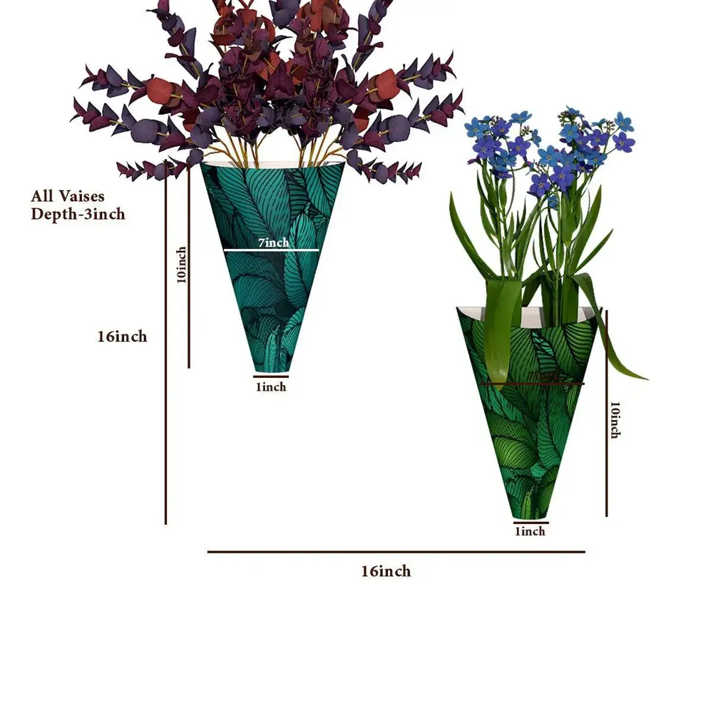 Designer Pair of Wall Vases With Tropical Leaves Prints