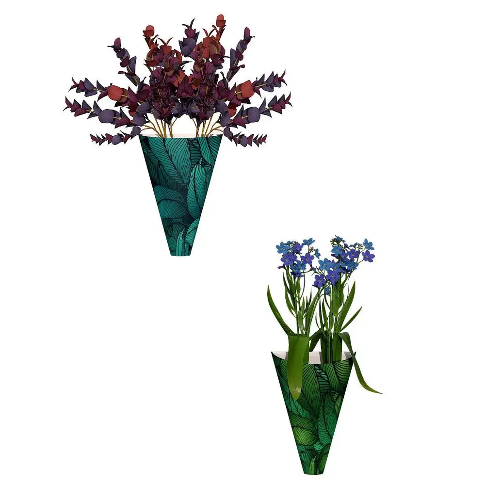 Designer Pair of Wall Vases With Tropical Leaves Prints