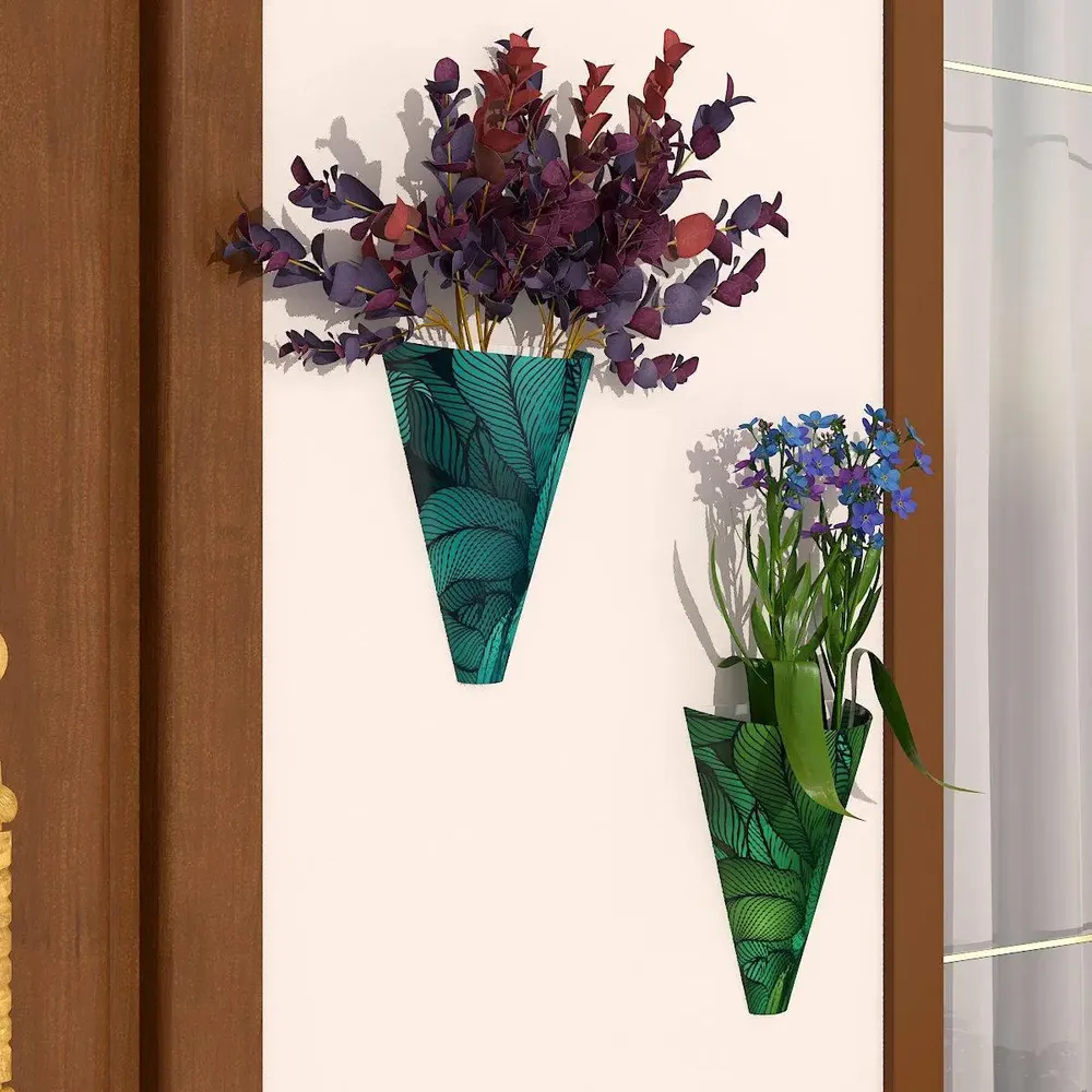 Designer Pair of Wall Vases With Tropical Leaves Prints