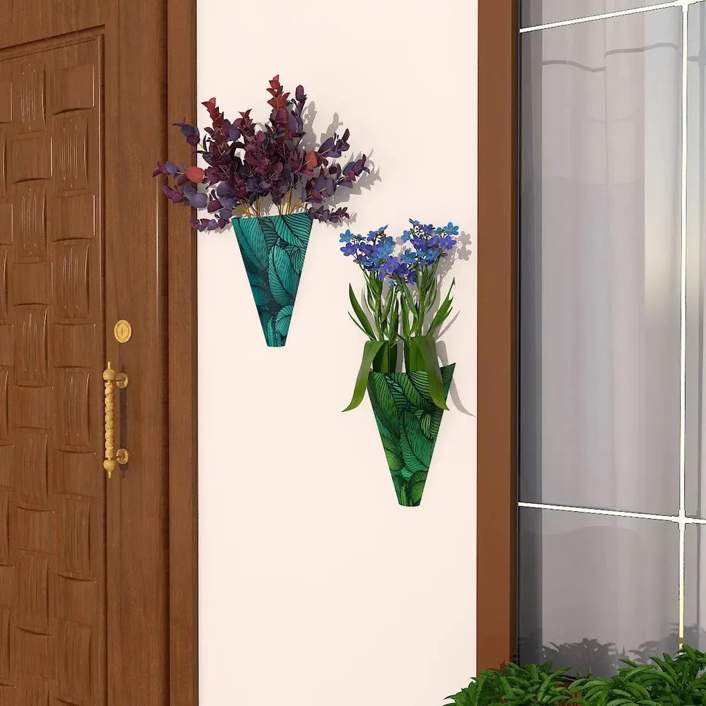 Designer Pair of Wall Vases With Tropical Leaves Prints