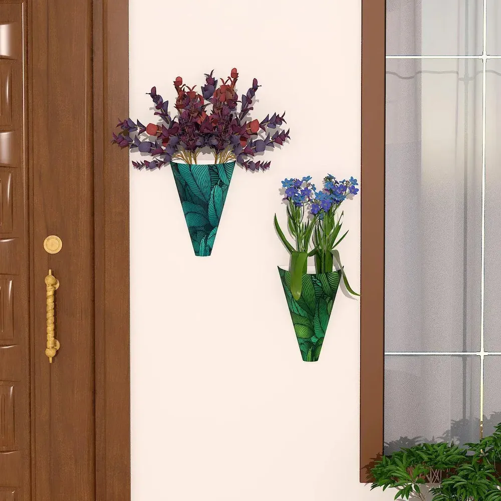 Designer Pair of Wall Vases With Tropical Leaves Prints