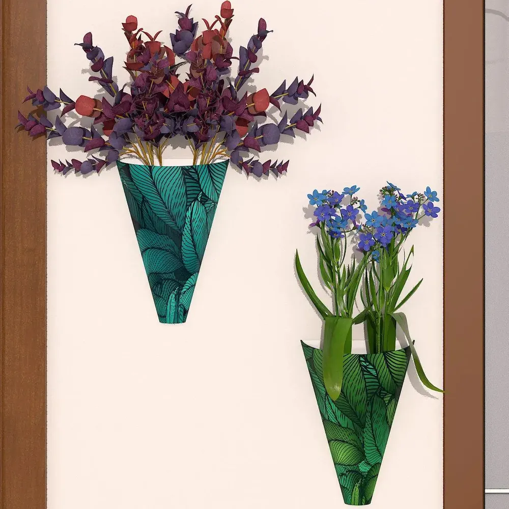 Designer Pair of Wall Vases With Tropical Leaves Prints