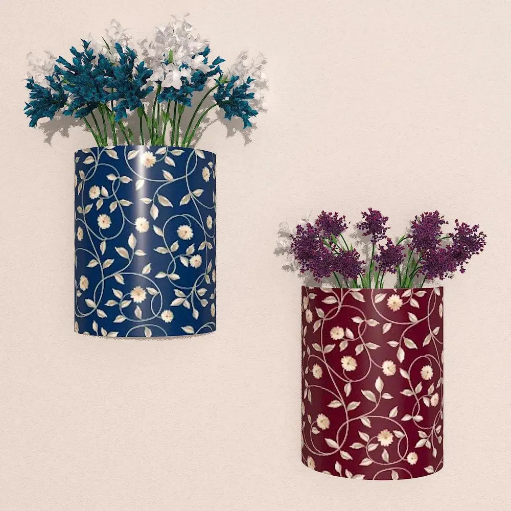 Designer Pair of Wall Vases With Vine Prints
