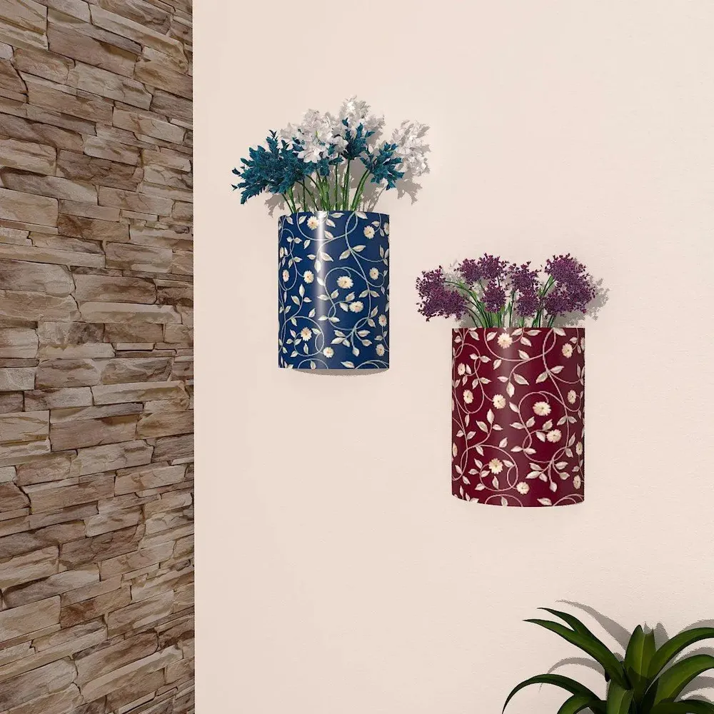 Designer Pair of Wall Vases With Vine Prints