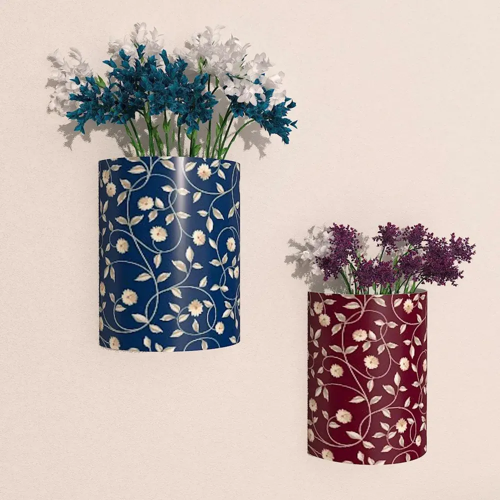 Designer Pair of Wall Vases With Vine Prints
