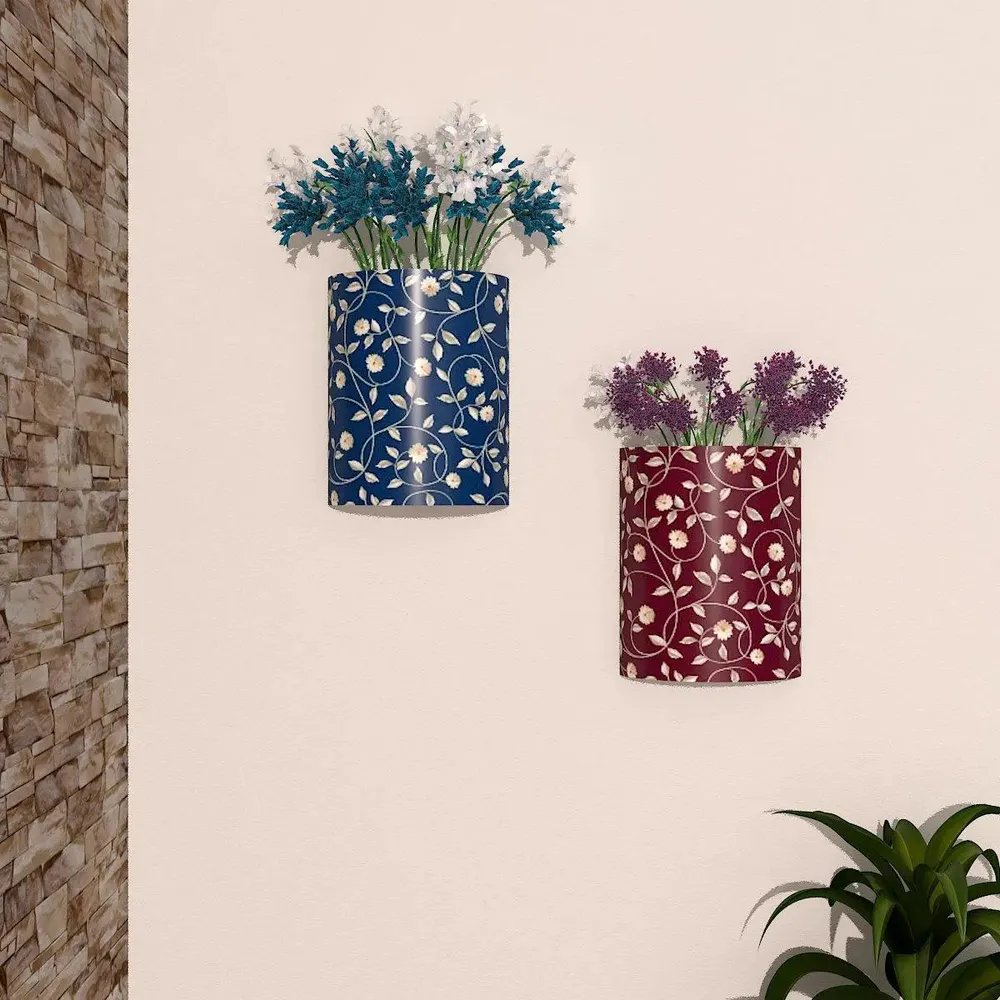 Designer Pair of Wall Vases With Vine Prints
