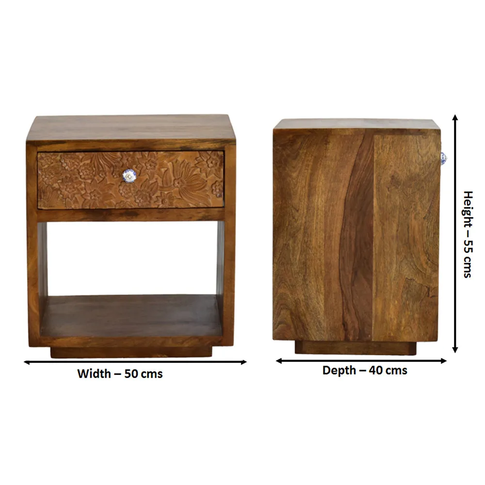 Designer Single Drawer Solid Wood Natural Brown Side Table Single Piece