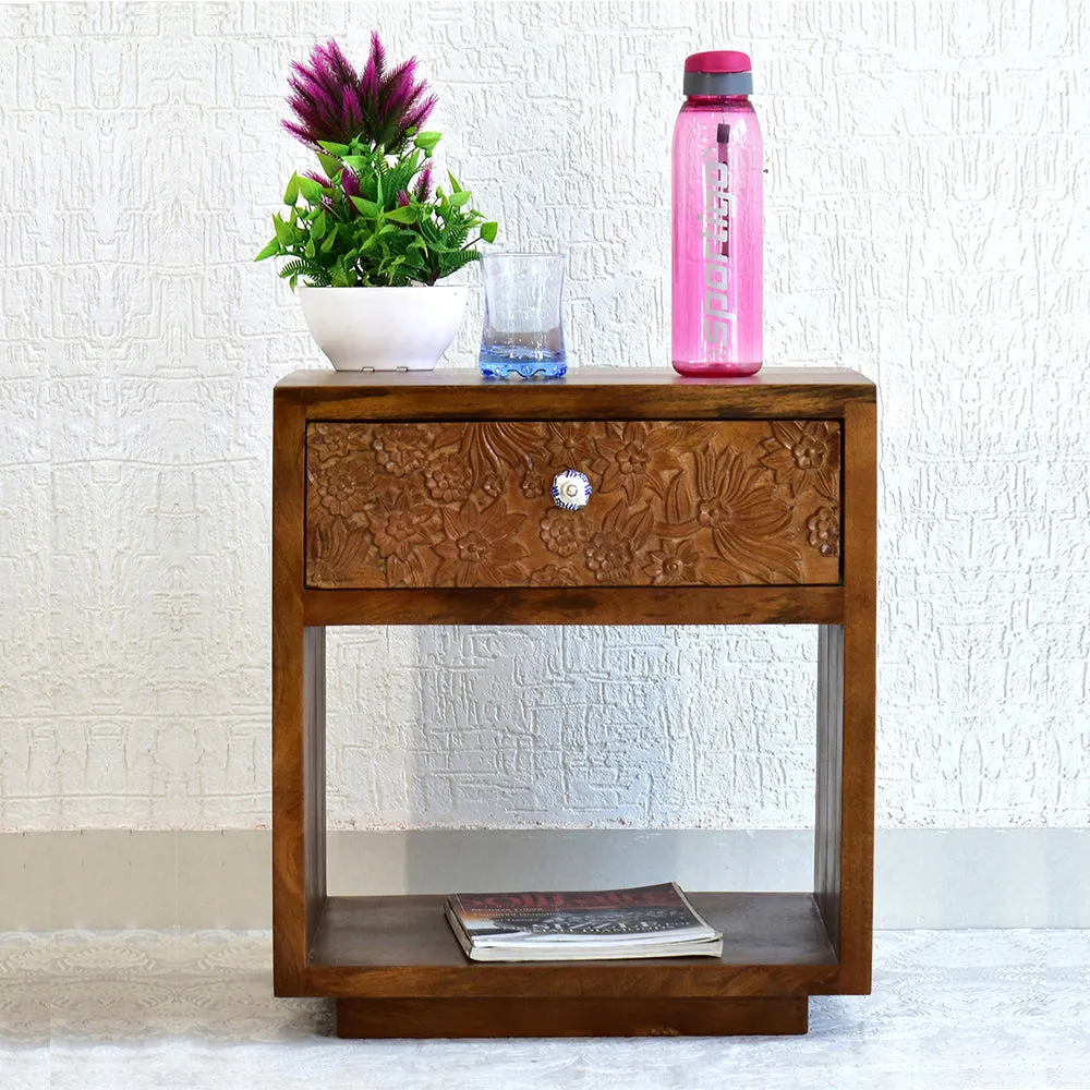 Designer Single Drawer Solid Wood Natural Brown Side Table Single Piece