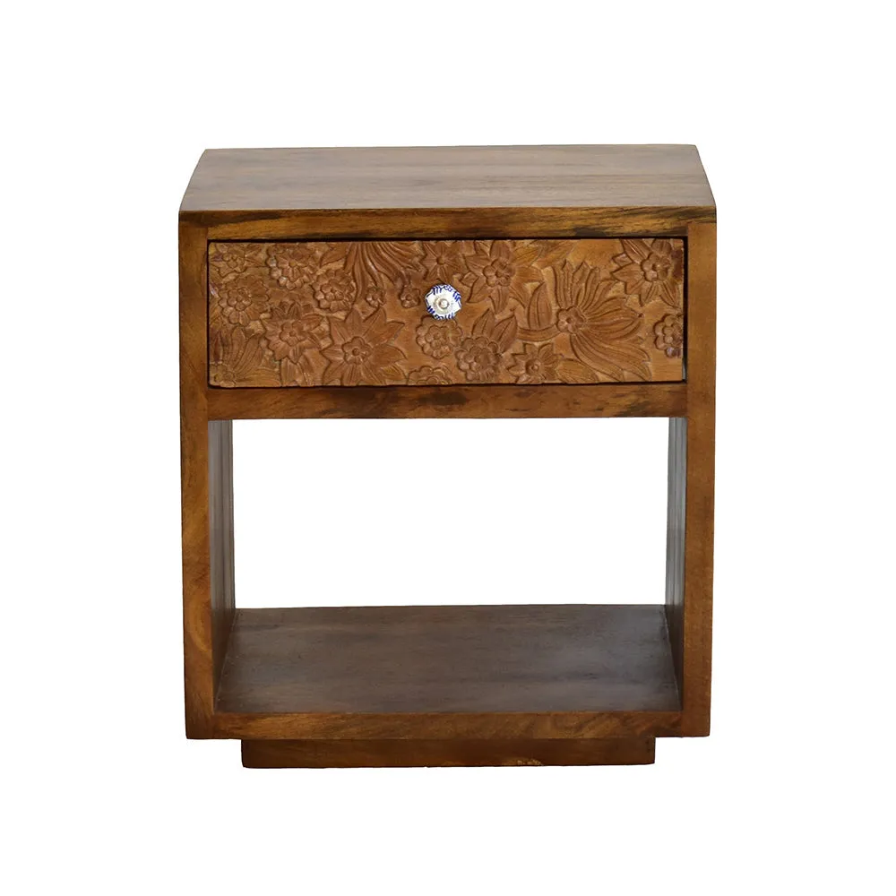 Designer Single Drawer Solid Wood Natural Brown Side Table Single Piece