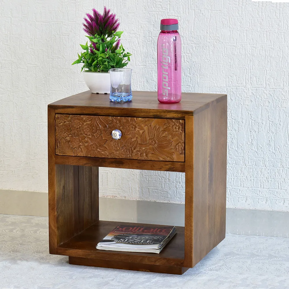 Designer Single Drawer Solid Wood Natural Brown Side Table Single Piece