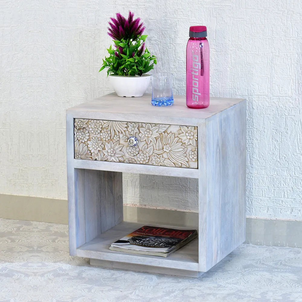 Designer Single Drawer Solid Wood White Side Table Single Piece