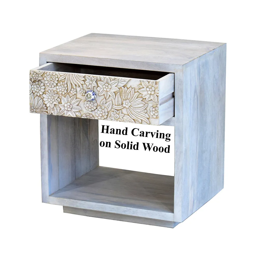 Designer Single Drawer Solid Wood White Side Table Single Piece