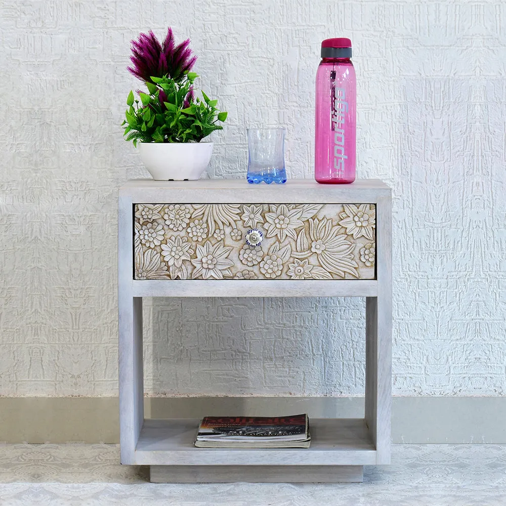 Designer Single Drawer Solid Wood White Side Table Single Piece