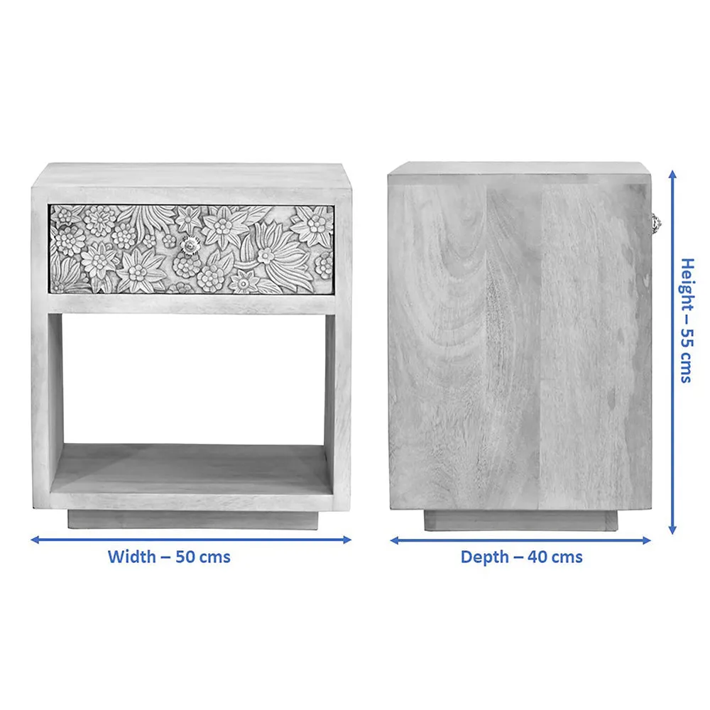 Designer Single Drawer Solid Wood White Side Table Single Piece