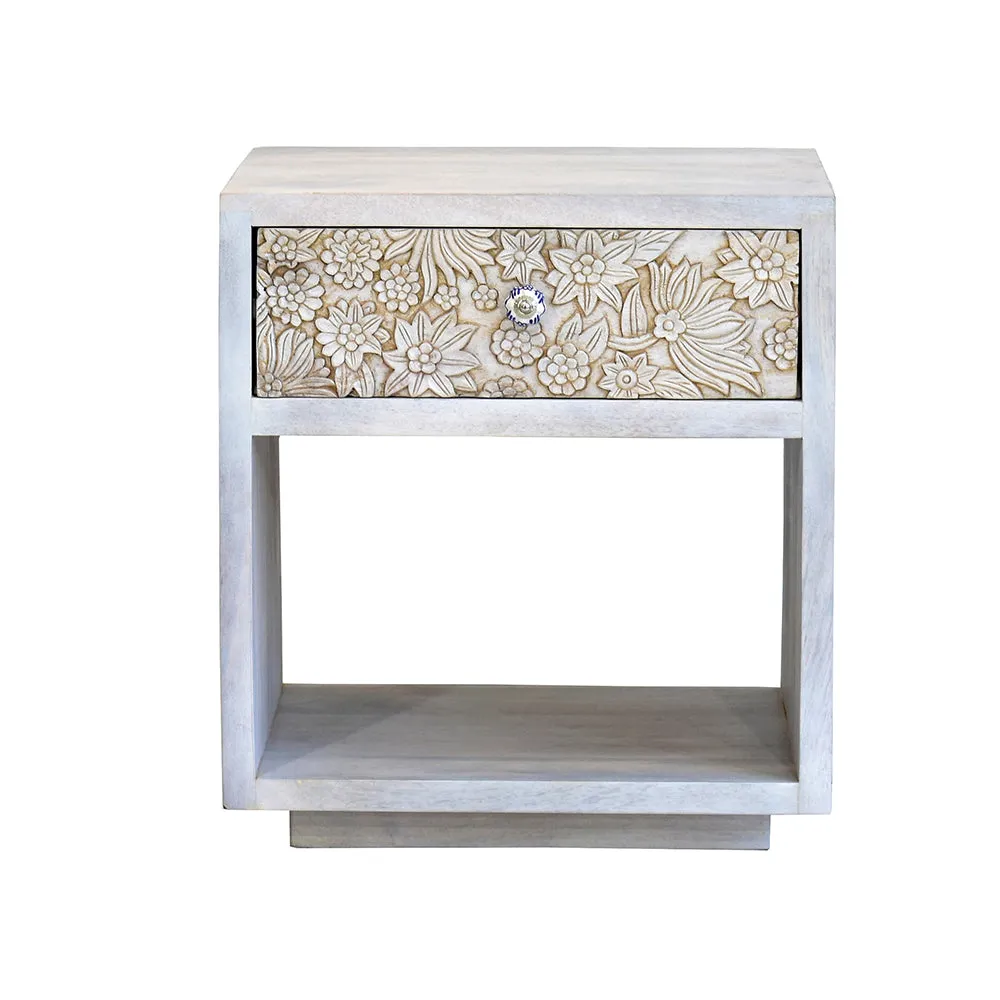 Designer Single Drawer Solid Wood White Side Table Single Piece