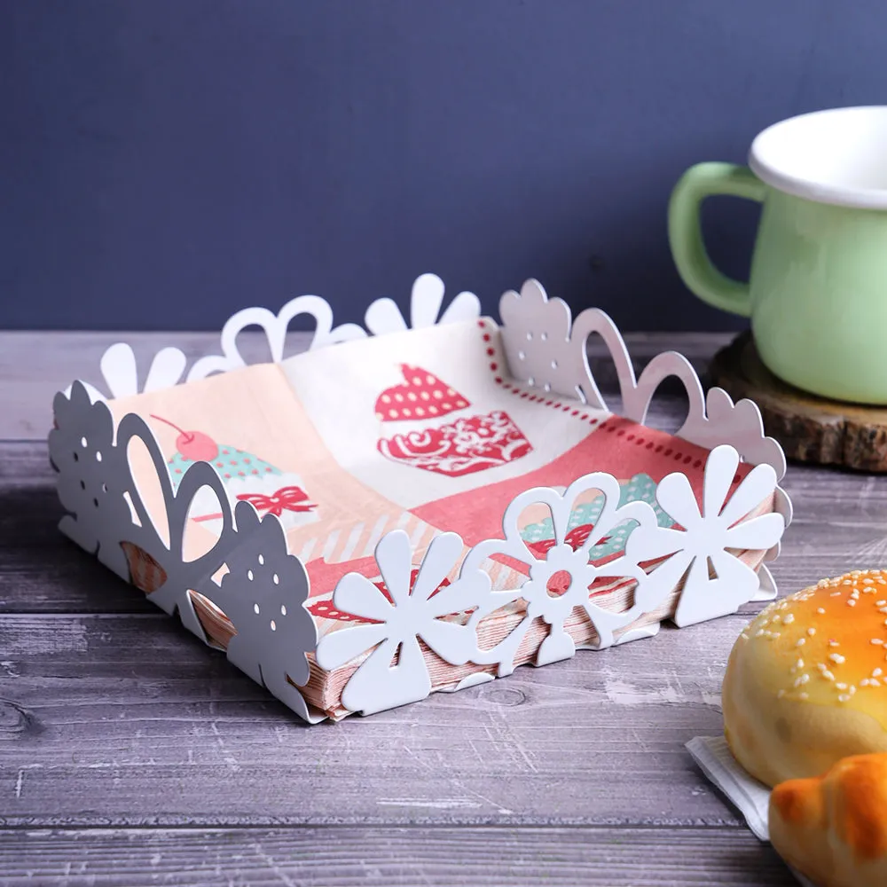 Designer Square Triple Floral White Napkin Holder