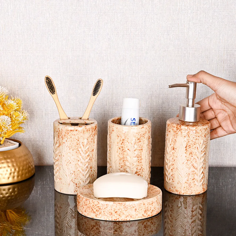 Designer Textured Premium Quality Ceramic Beige Bathroom Set of 4 (Soap Dispenser, Soap Dish, Toothbrush Holder & Tumbler)